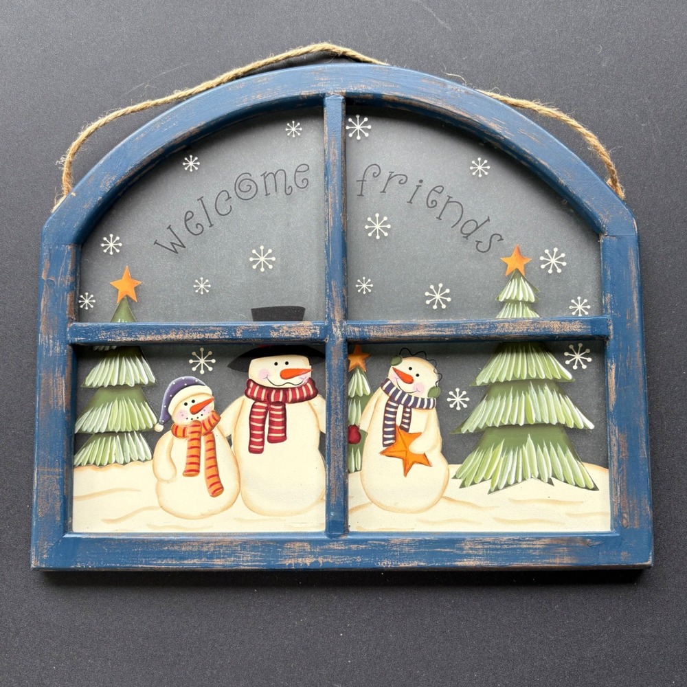 Rustic Blue Window Frame Hand Painted Snowman on Glass‎ Wall Decor Sign 12x10